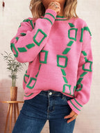 Women's Sweater Contrast Round Neck Long Sleeve Oversized Ribbed 87741c5310c54e37a55d4536aa485258-Max-Origin Trendsi