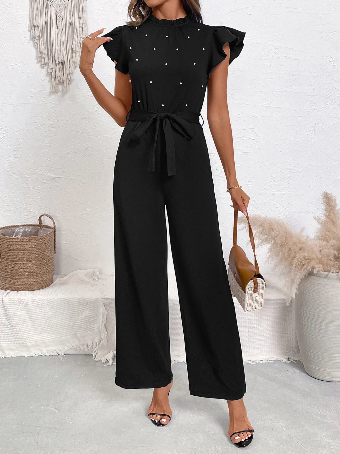 Black Jumpsuit Pearl Detail Ruffled Cap Sleeve Bow Tied Belted One-piece Black 87755c2072a149b29991690303180f29-Max-Origin Trendsi