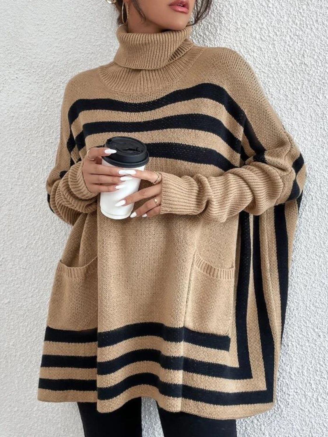 Women Sweater Striped Turtleneck Batwing Long Sleeve with Pockets Oversize 8781d783-2359-4ea7-a579-cd8d9f42abfe-Max Trendsi