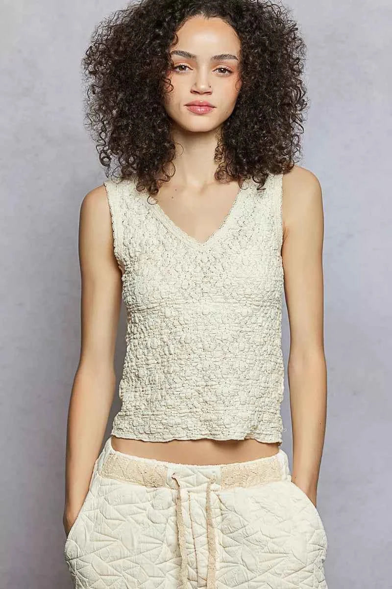 POL Textured Tank Top Cream Floral Knit V-Neck with Lace Trim Blouse CREAM 878413a8-92ed-4790-876d-029ed8117103-Max-Origin Trendsi