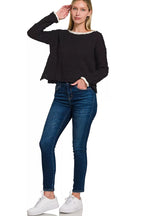 Zenana Cropped Sweater Black Knit Ivory Contrast Trim for Woman 87884acc9b724ea1bd0596170f5d556f-Max-Origin Trendsi