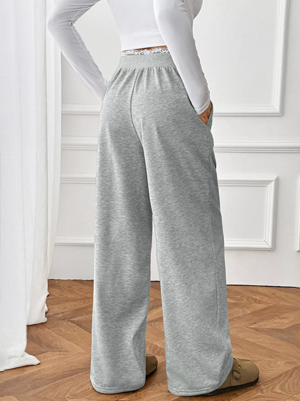 Women's Joggers Gray Wide Leg Lace Waistband Detail Casual Pants 878c0546ef564659b0fd4aef2ac5acd1-Max-Origin Trendsi