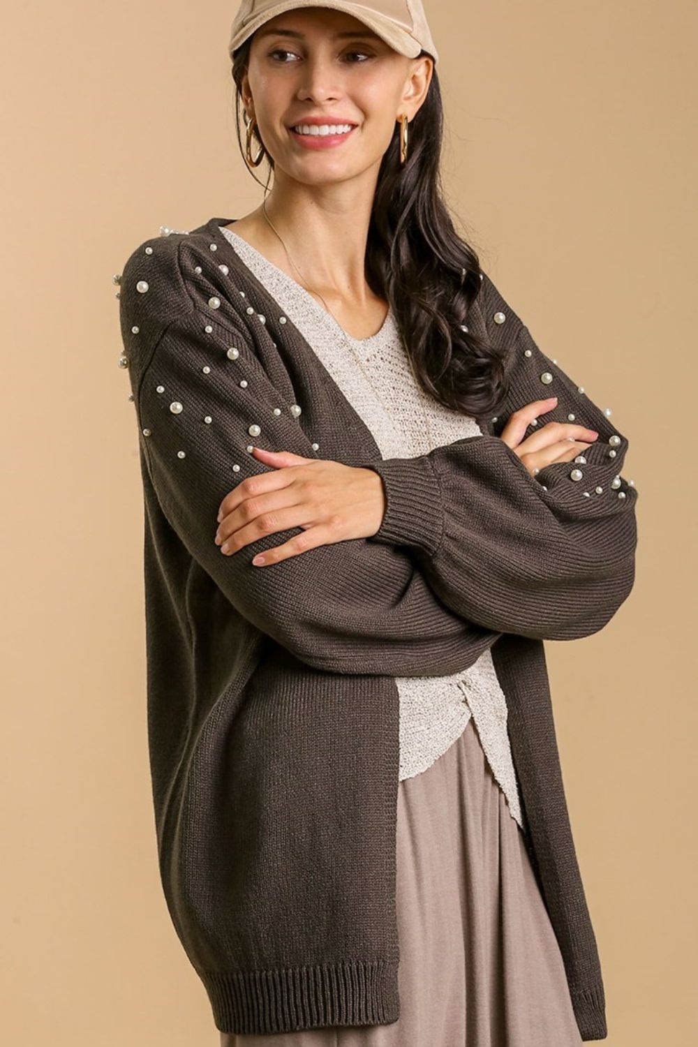 Umgee Cardigan with Long Sleeve Pearl Details Open Front S-2XL CHARCOAL 878cfecb-9886-4472-b87b-00dc35aec498-Max Trendsi