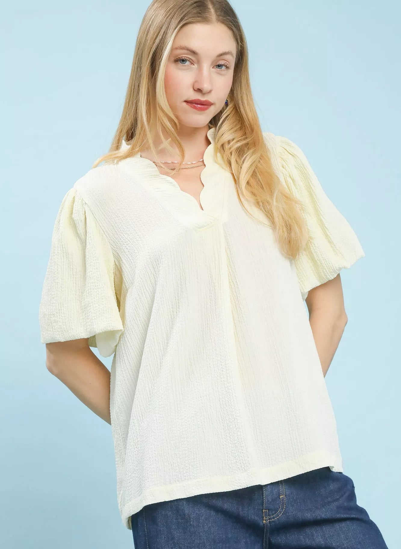 Umgee Blouse Ecru Seersucker Puff Sleeve Short Sleeve Top ECRU 878e2a99-8bfb-4c02-83a6-9332e0eb11a2-Max-Origin Trendsi