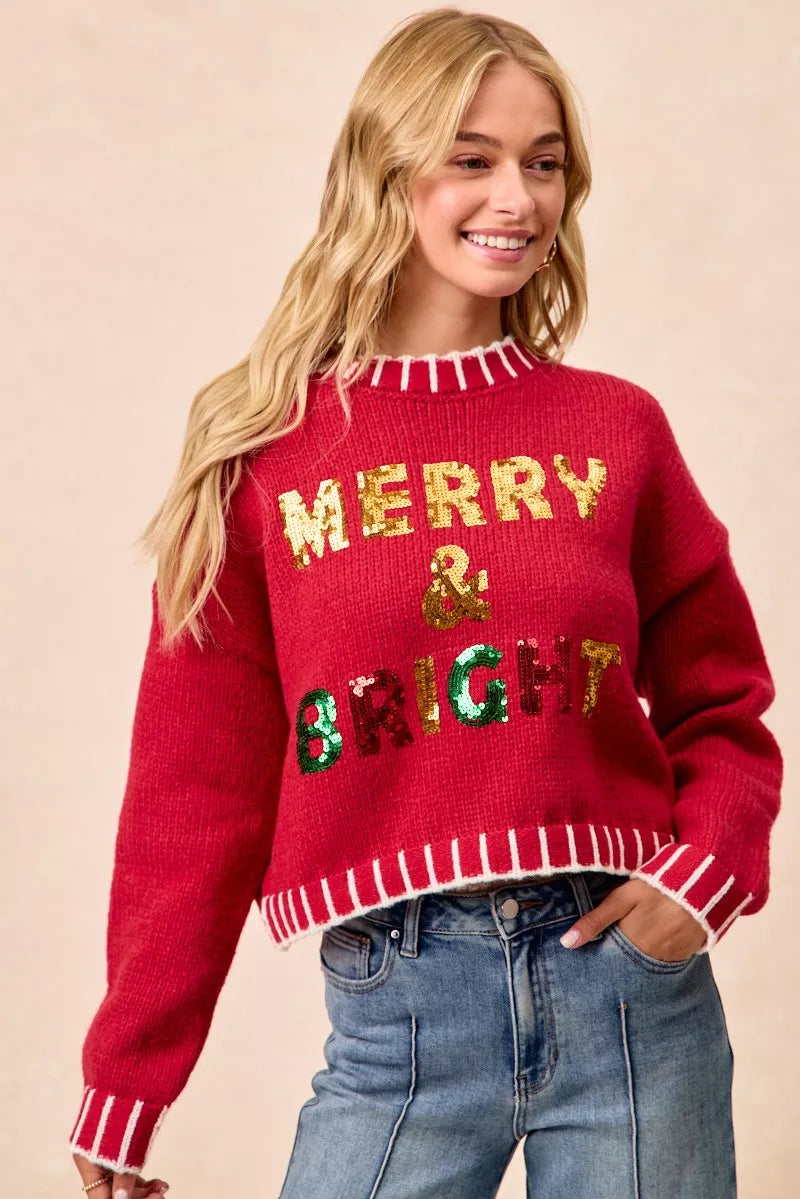 BiBi Christmas Theme Sweater Sequin Lattering Womens Red Knit Pullover 879574e4a49a46f28f78fda8767bcafa-Max-Origin Trendsi