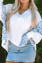 Women Blouse White Floral Blue High-Low V-Neck Long Sleeve Cotton Blend Top 879606bf-6633-41b1-a661-2fcd831c543e-Max Trendsi