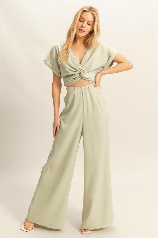 HYFVE Outfit Set Twisted Front Top & Wide Leg Pants Set Sage 87989b1e-8d74-4dca-8015-46b39712be13-Max Trendsi