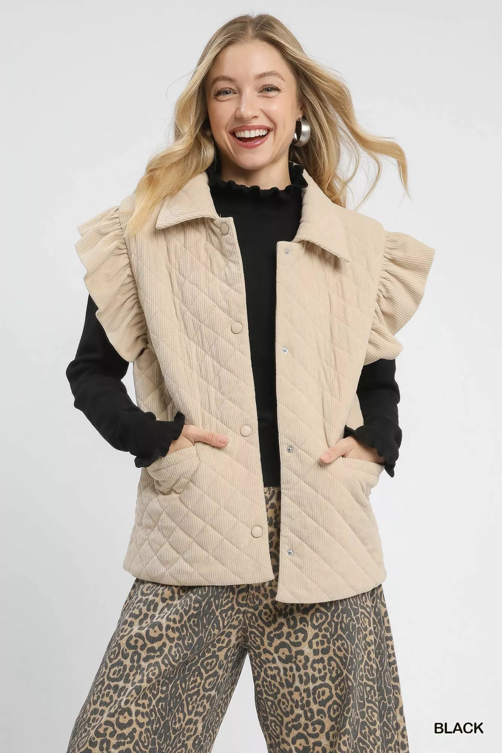 Umgee Women's Sweater Black Ruffle Mock Neck Puff Sleeve Knit Top 879a6890-d76d-49bb-ba8b-37faa910bfc0-Max-Origin Trendsi