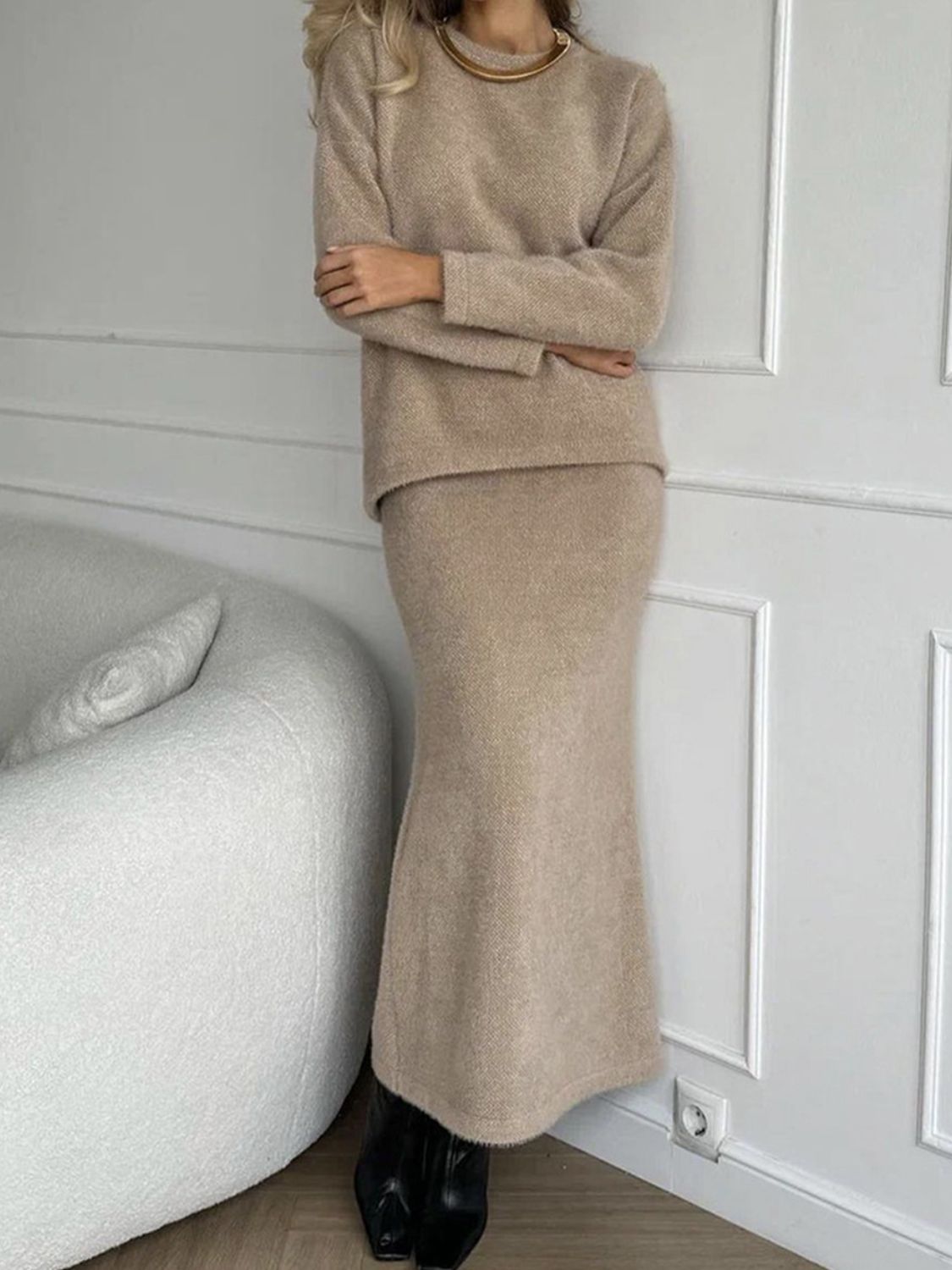 Women Sweater Set and Midi Skirt Knit 2 Pcs Soft Acrylic Long Sleeve Outfit Set Tan One Size 879fd2ae-028c-45c2-b044-ff5d06b40a10-Max Trendsi