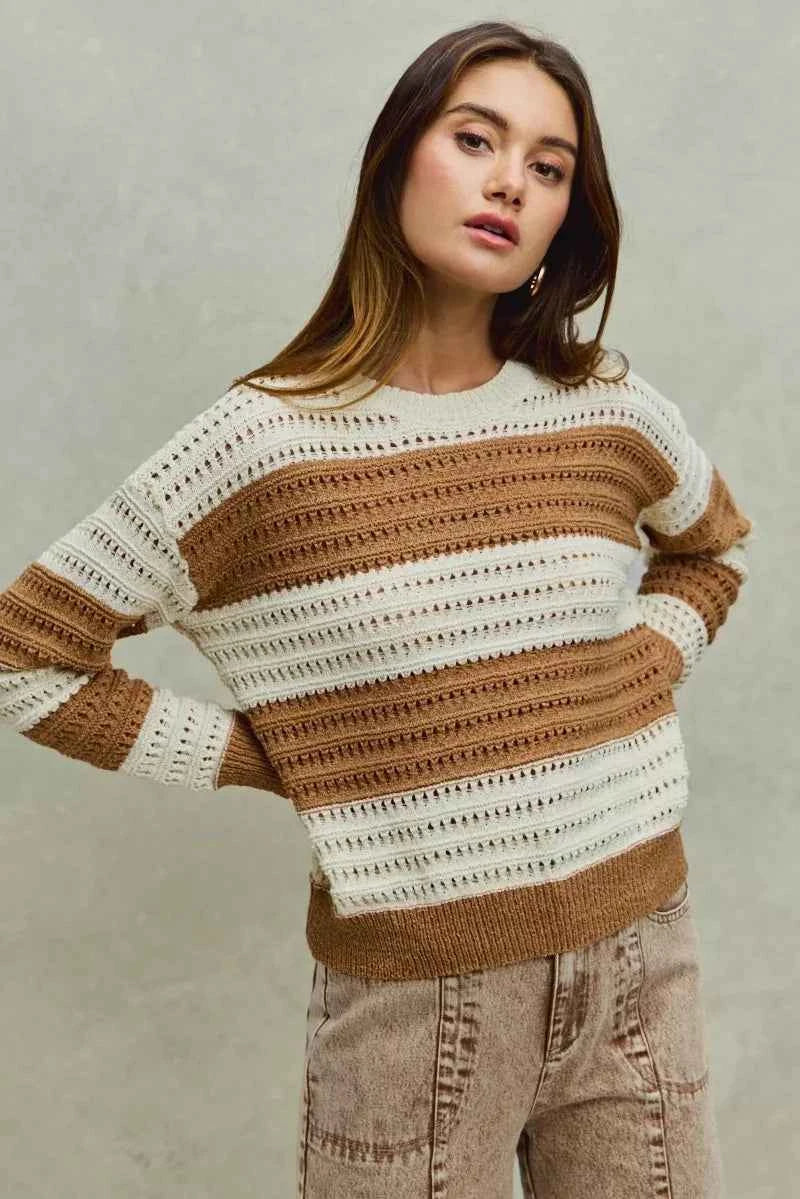 SO ME Women Sweater Openwork Textured Wide Stripe Cream Taupe Pullover 87a290aa4dfa4218bedcb84a2b14b9b2-Max-Origin Trendsi