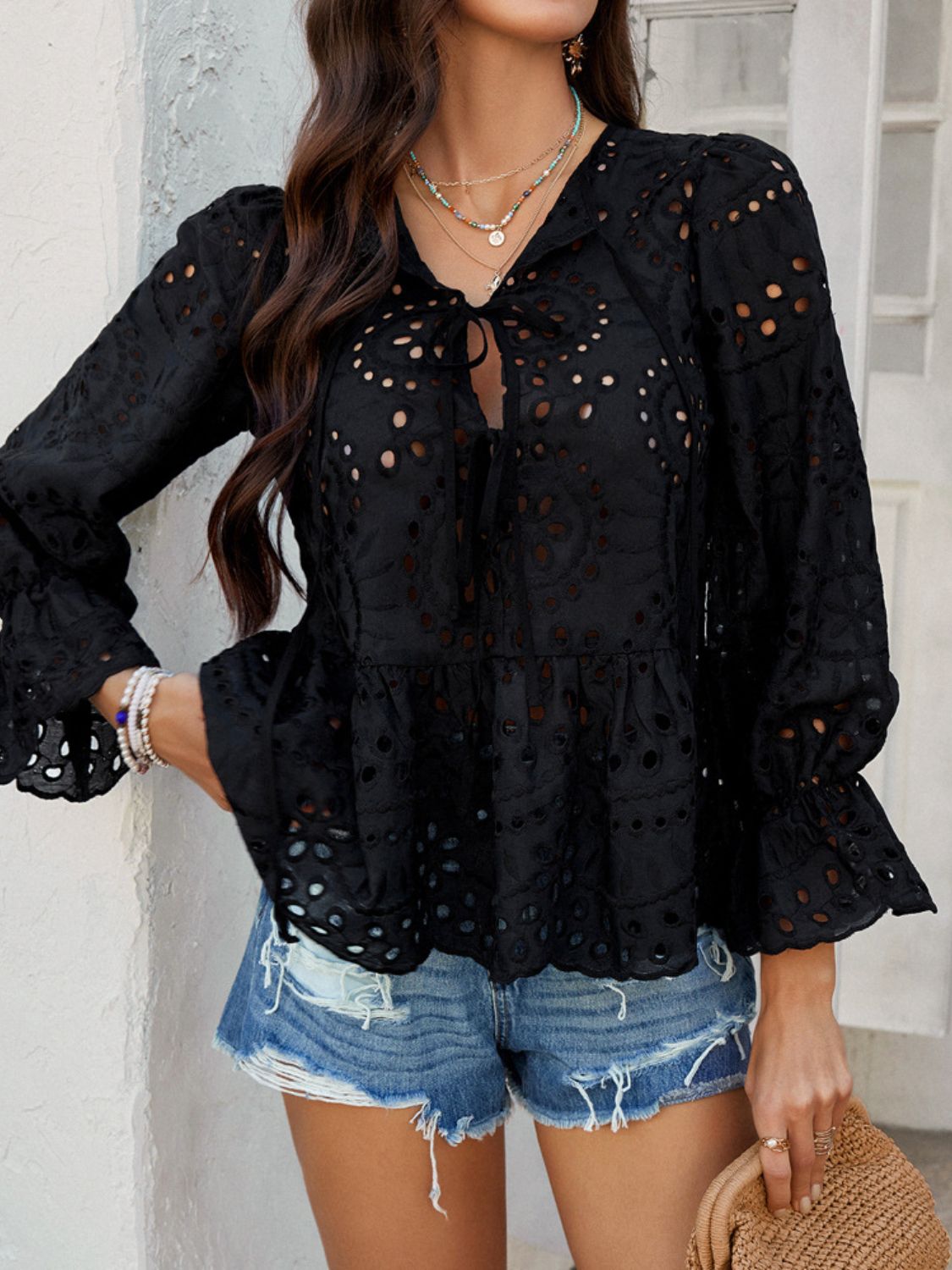 Crochet Blouse Ruffle Tie Front Flounce Long Sleeve Peplum Cut Out Embroidered 87b0ab2d-73ab-468d-a830-186cda012dc1-Max Trendsi