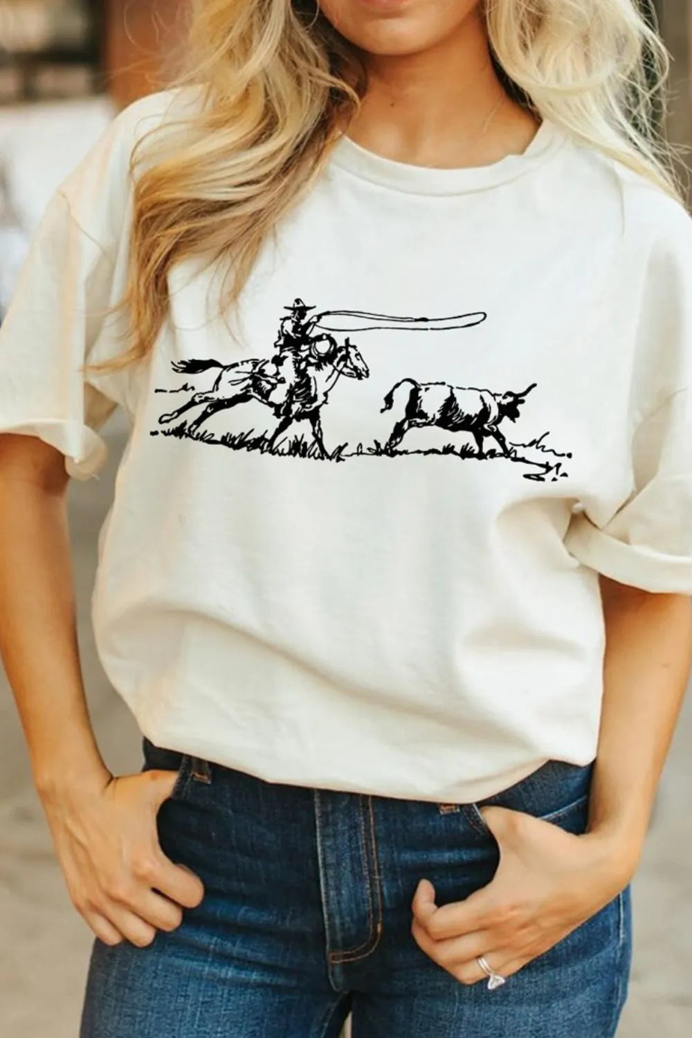Women's T Shirt White Western Rodeo Graphic Print Round Neck Short Sleeve 87b3347a-4741-43c1-8f4d-1641ea392bd2-Max-Origin Trendsi