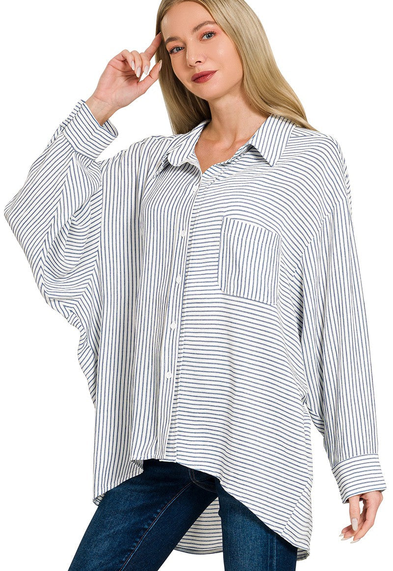 Zenana Woven Stripe Button Down Shirt