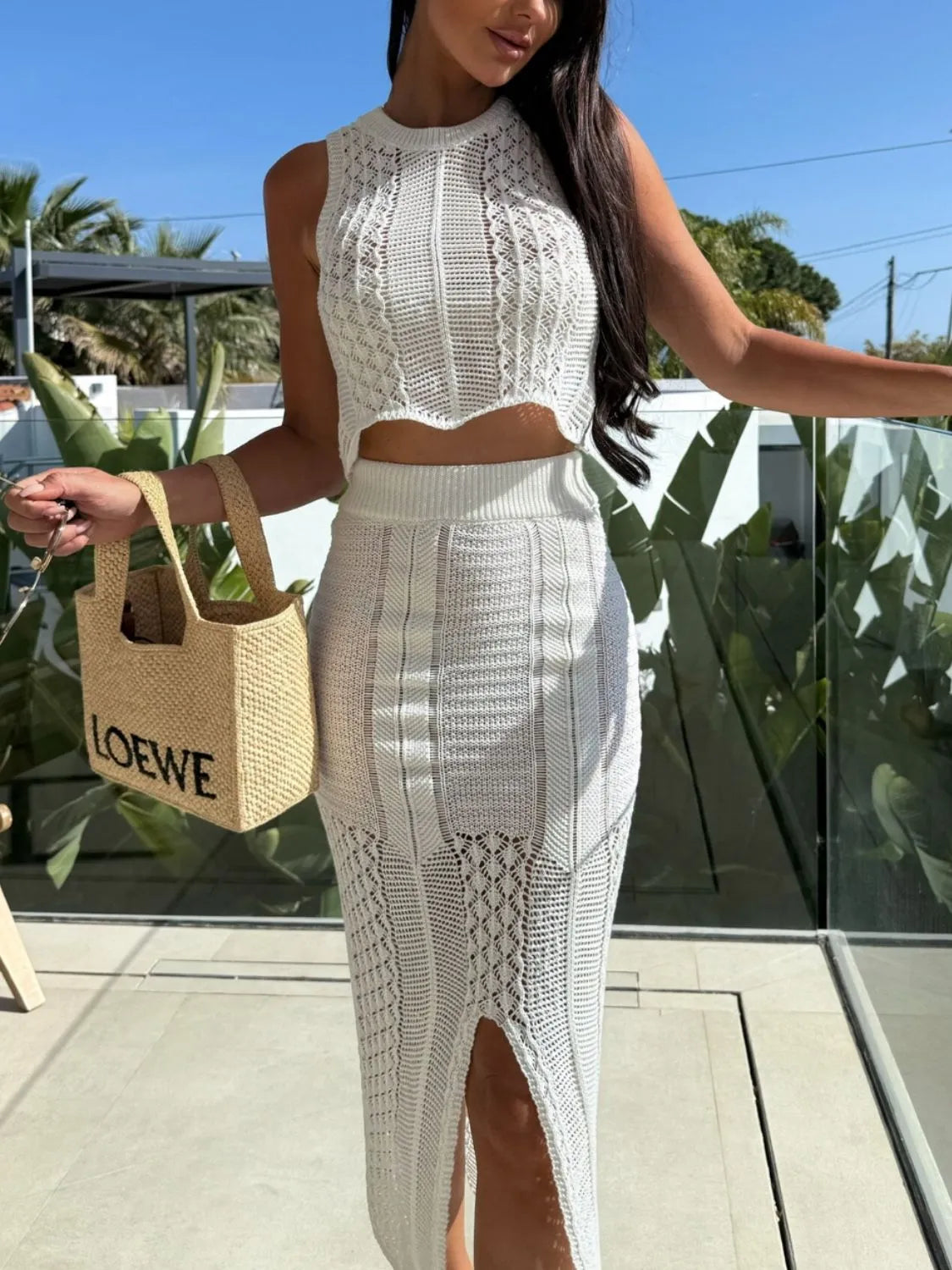 Crop Top and Slit Skirt Outfit Set Openwork Knit Round Neck Summer 2 Pcs 87c60b35-0350-4a65-ae46-f58156917a42-Max-Origin Trendsi