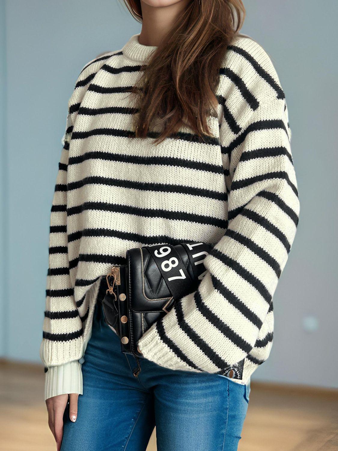Striped Sweater Round Neck Long Sleeve Oversized Soft Knit Pullover 87ca94b3-5784-4655-b60e-00e2f4c68cb9-Max Trendsi