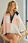 BiBi Top Pink Color Block Quarter Neck Short Dolman Sleeve Front Pockets BLUSH 87ce66ac1e3948e58454e5df589fd1aa-Max-Origin Trendsi