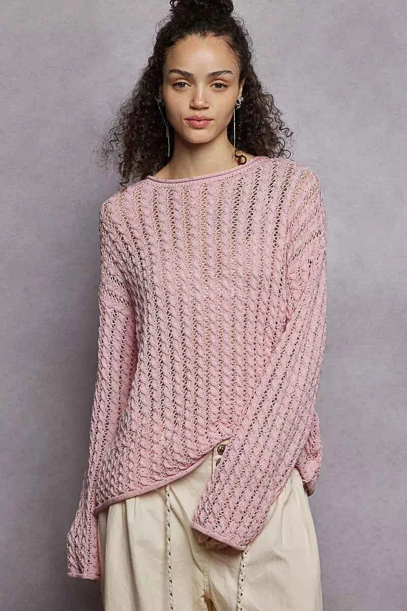 POL Knit Top Openwork Soft Pink Sweater Round Neck with Shiny Detail 87cefe21-d45a-450e-8268-e18b96b7298e-Max-Origin Trendsi