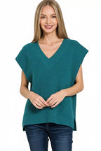 Zenana Womens Sweater Vest Teal Ribbed Slit V-Neck Short Sleeve Top 87d12812-cc48-41dd-8b4b-bdafb61c5105-Max-Origin Trendsi