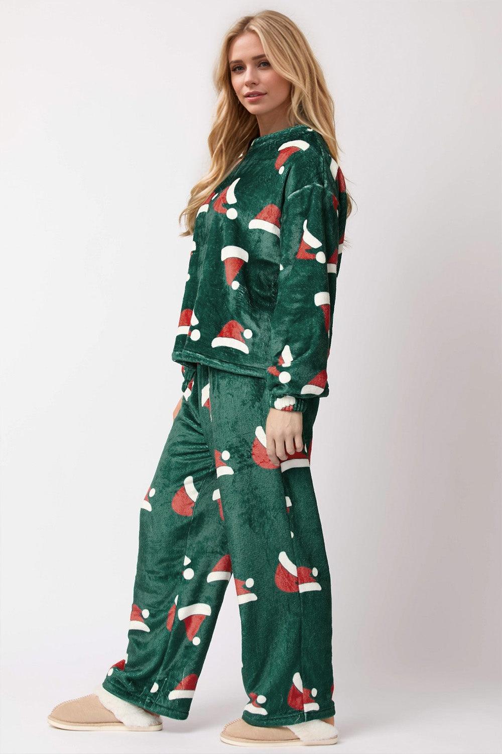 Christmas Hat Pattern Loungewear Round Neck Long Sleeve Top and Pants Set