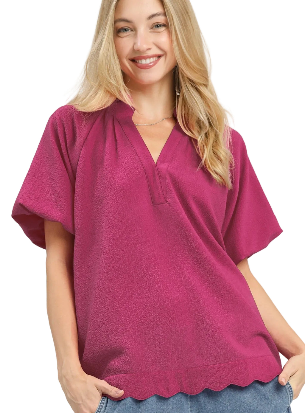 Umgee Textured Blouse with Scalloped Hem