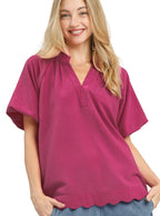 Umgee Textured Blouse with Scalloped Hem