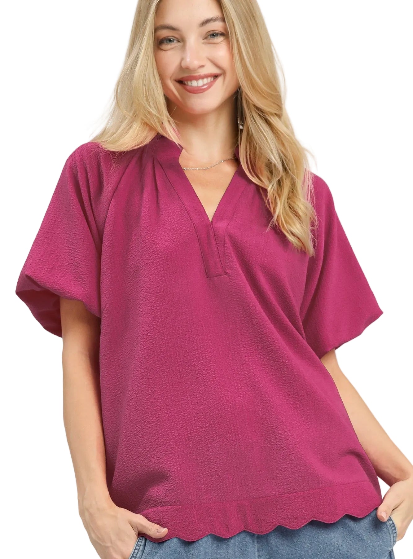 Umgee Textured Blouse with Scalloped Hem
