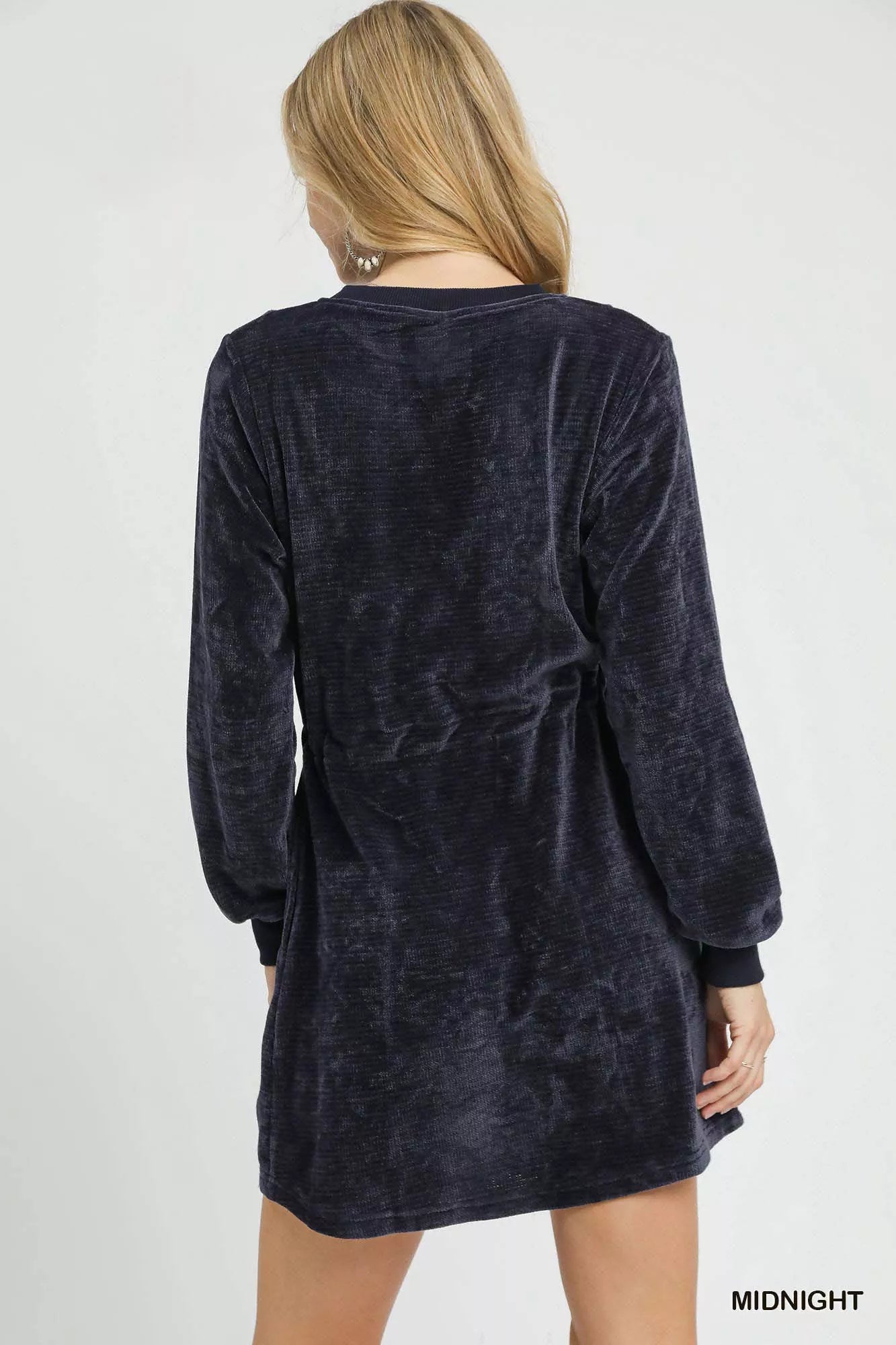 Umgee Mini Dress Velour Midnight Drawstring with Long Sleeves 87dbf370-46de-418f-82f3-e83a03eae3af-Max-Origin Trendsi