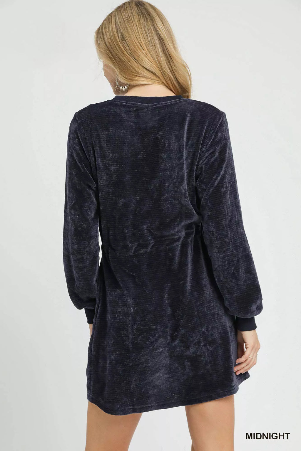 Umgee Mini Dress Velour Midnight Drawstring with Long Sleeves 87dbf370-46de-418f-82f3-e83a03eae3af-Max-Origin Trendsi