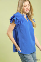 Umgee Women Blouse Textured Ruffle Sleeve Notched Top Ocean Blue 87e42394-4c79-4561-8c3a-6f0e818afcda-Max-Origin Trendsi