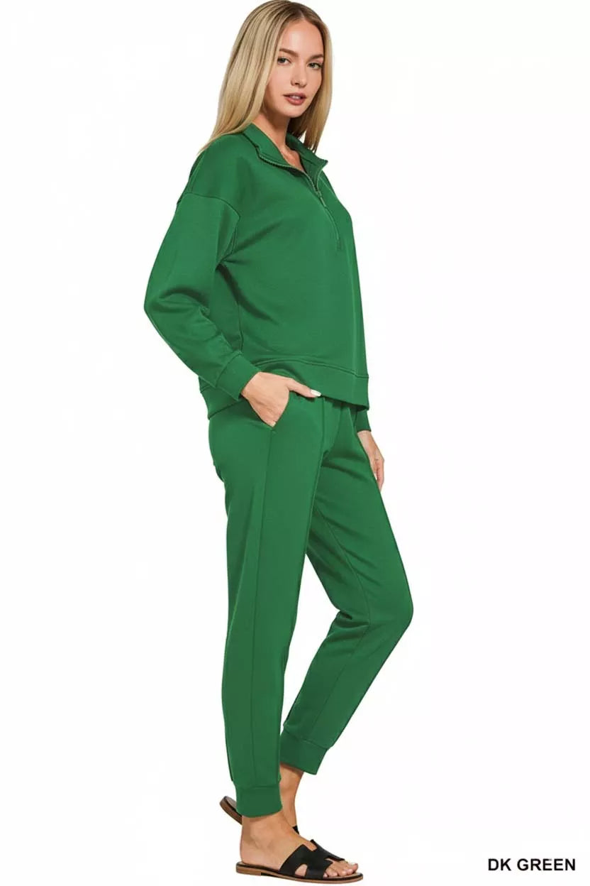 Zenana Womens Jogger Set Green Scuba Half Zip Pullover and Pants 87ea3abe-cede-4826-9fb0-30b2ce857a50-Max-Origin Trendsi
