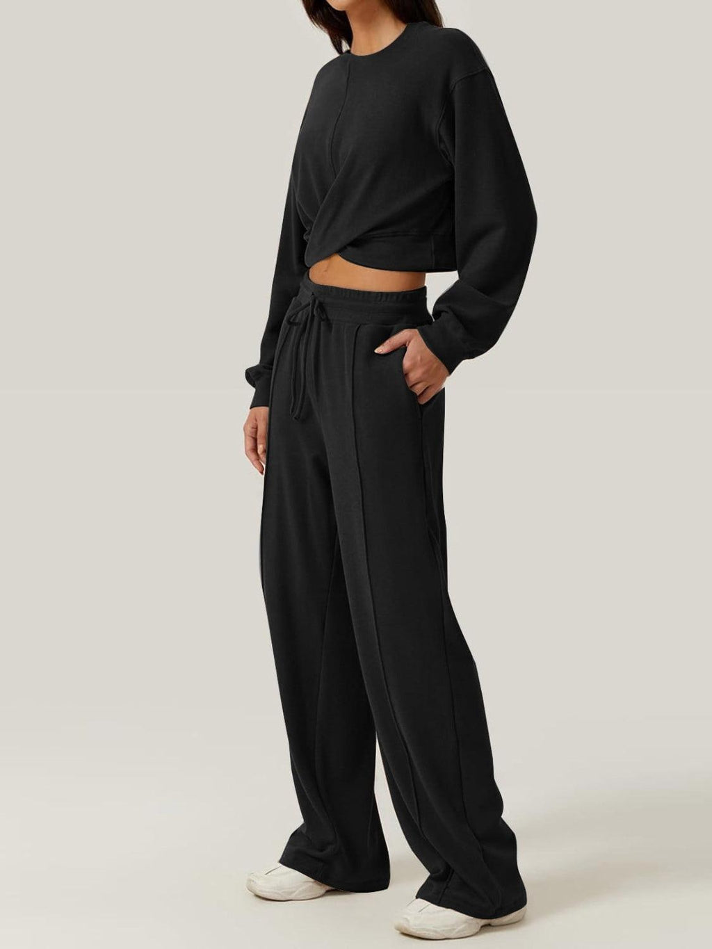Outfit Set Crisscross Twist Round Neck Top and Drawstring Pants Set Black 8807146d-b3a1-418e-bde7-b545c188d477-Max Trendsi