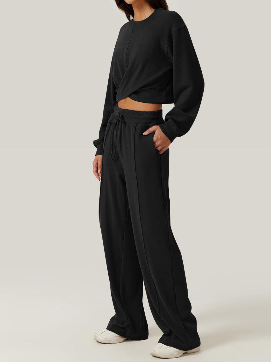 Outfit Set Crisscross Twist Round Neck Top and Drawstring Pants Set Black 8807146d-b3a1-418e-bde7-b545c188d477-Max Trendsi