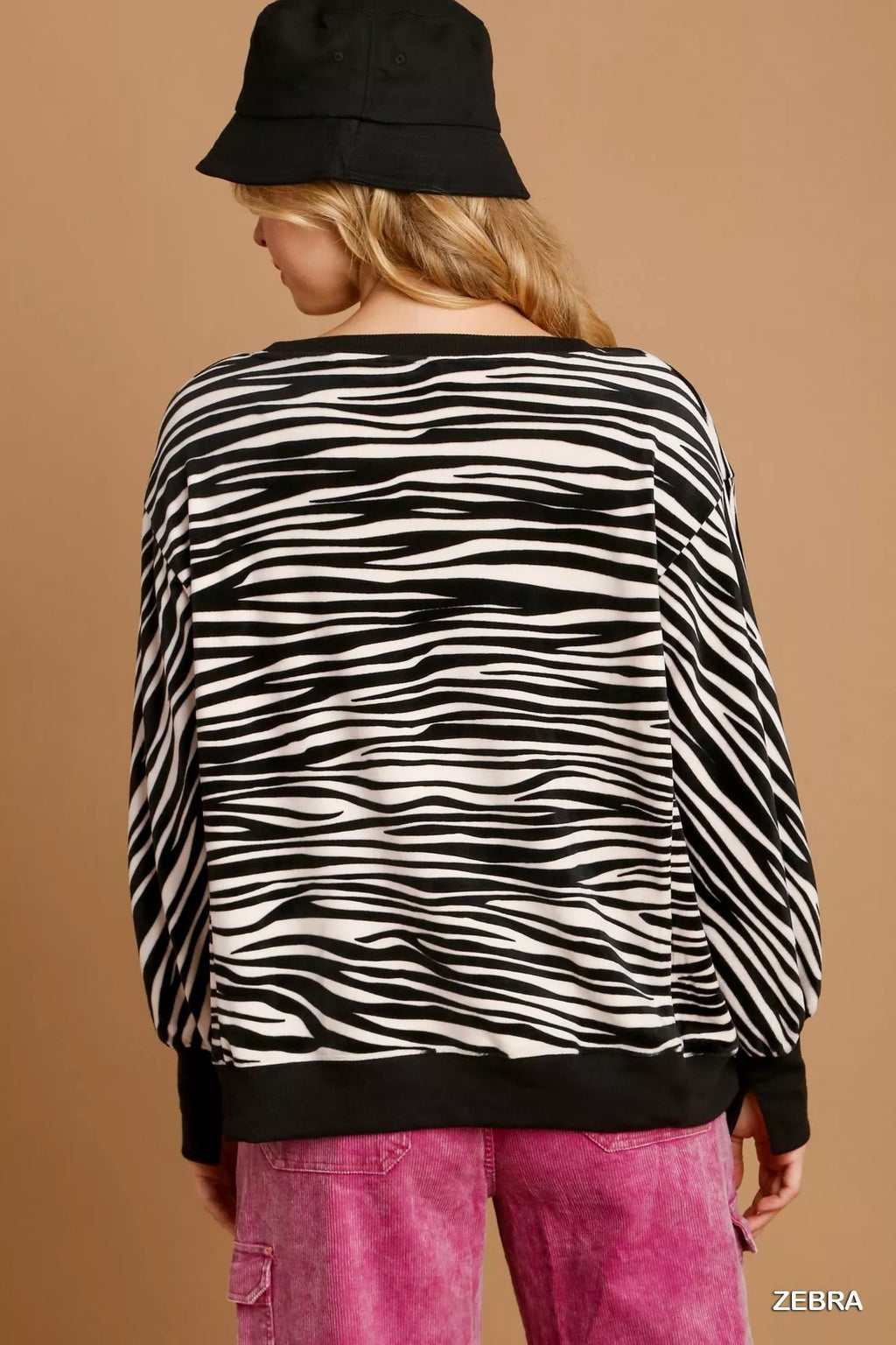 Umgee Sweater Shirt Zebra Striped Fleece Womens Pullover 88093f10-8633-45ac-a7a4-889194a5f3d4-Max-Origin Trendsi