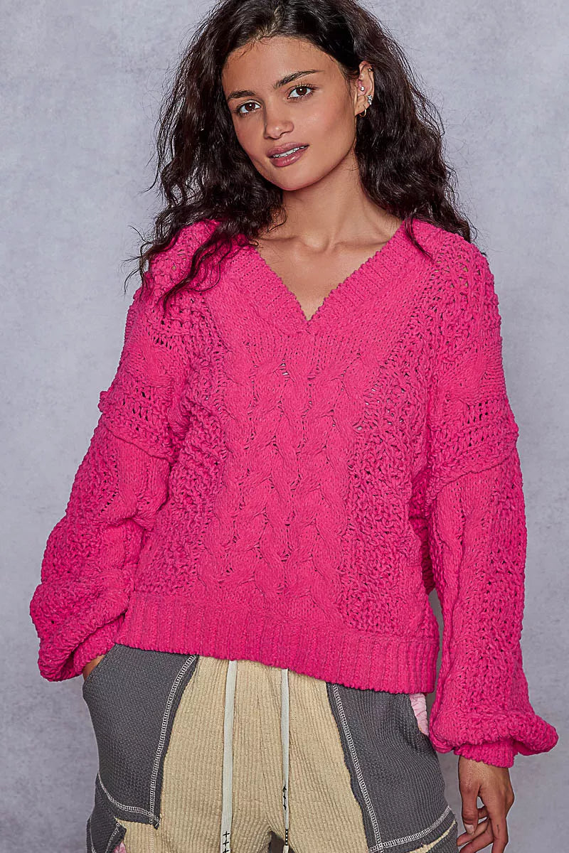 POL Womens Sweater Fuchsia Cable-Knit Solid V-Neck Cropped Oversized 88128b26-5469-4e0f-a1e3-fa1f68009cdb-Max-Origin Trendsi