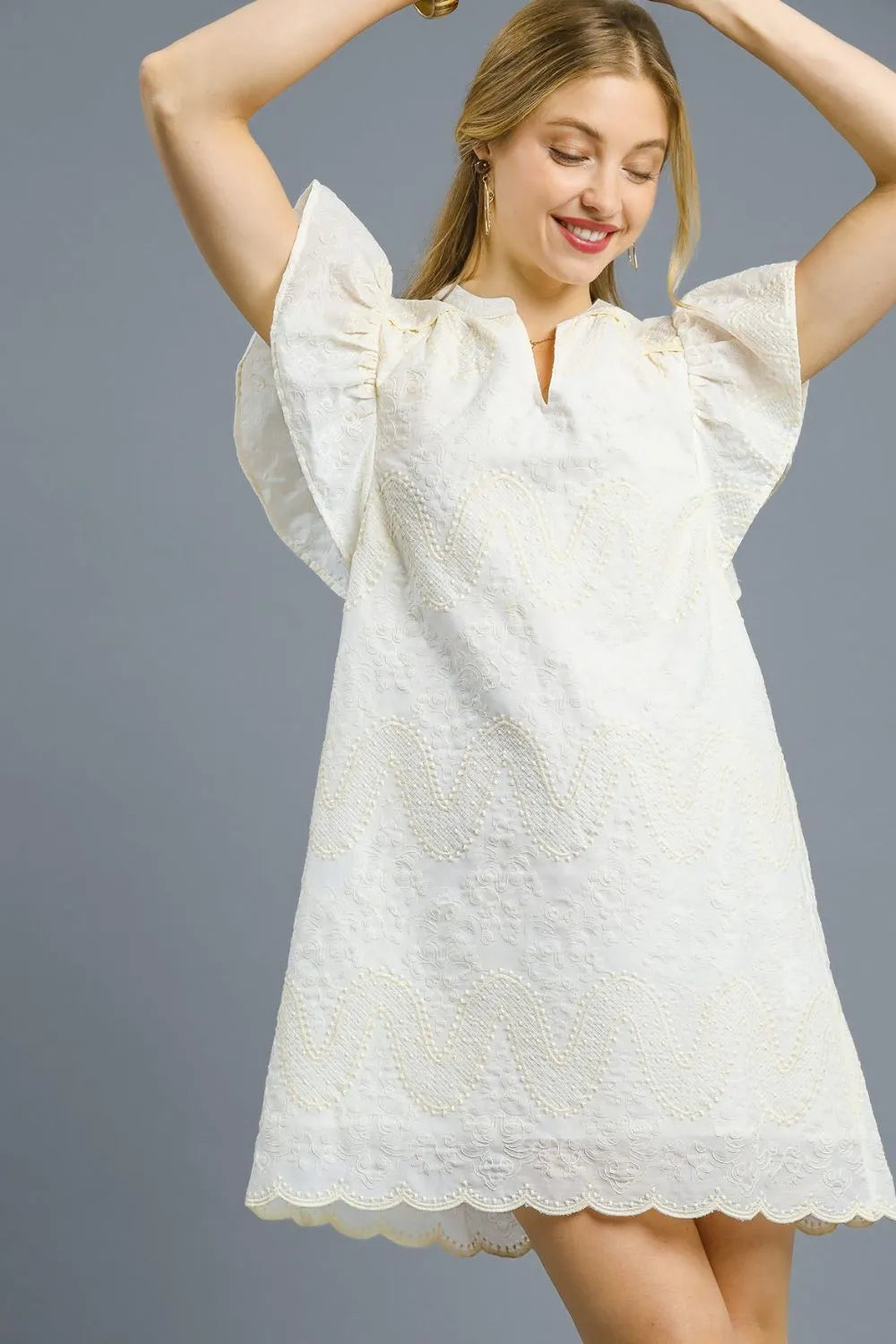 Umgee Mini Dress White Floral Embroidered Scalloped Hem Ruffled Short Sleeve White 88183f24-d3ad-4081-9b87-c2a35ea87bb4-Max-Origin Trendsi