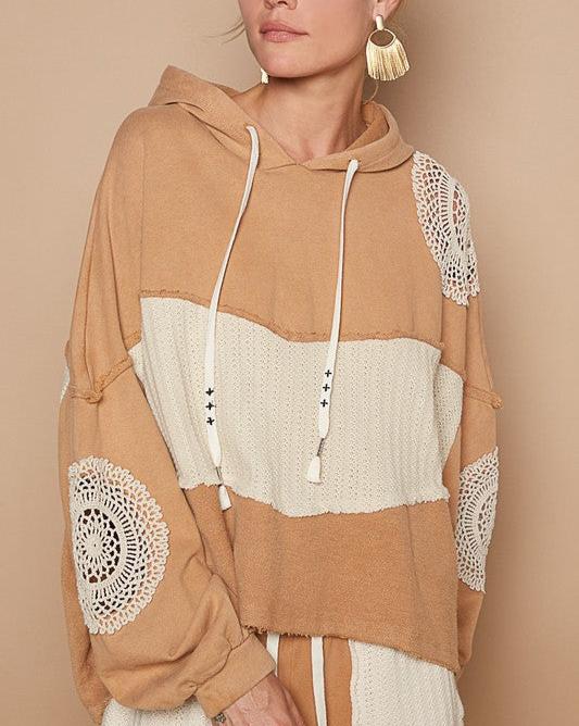 POL Women Hoodie Wheat Lace Patch Contrast Hooded Long Sleeve Raw Hem