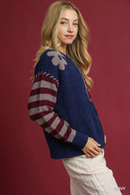 Umgee Womens Sweater Navy Flower Jacquard Striped Long Sleeve Pullover 8823b9cd-cfe4-4914-b4fd-53c5db160c61-Max-Origin Trendsi