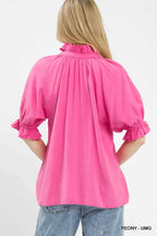 Umgee Linen Blouse Rose Scalloped Ruffle Neck Top Short Puff Sleeves 882f4c92-32bb-46ed-b373-70ee7ef8a8ef-Max-Origin Trendsi