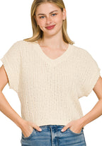 Zenana Textured Knit V-Neck Cropped Sweater