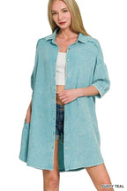 Zenana Shirt Dress Dusty Teal Cotton Washed Double Gauze Oversized Pocketed 8832c6ac4c1443bba312f7b4f3bfe2ca-Max-Origin Trendsi