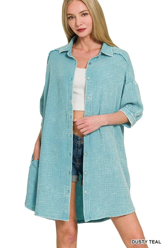 Zenana Shirt Dress Dusty Teal Cotton Washed Double Gauze Oversized Pocketed 8832c6ac4c1443bba312f7b4f3bfe2ca-Max-Origin Trendsi