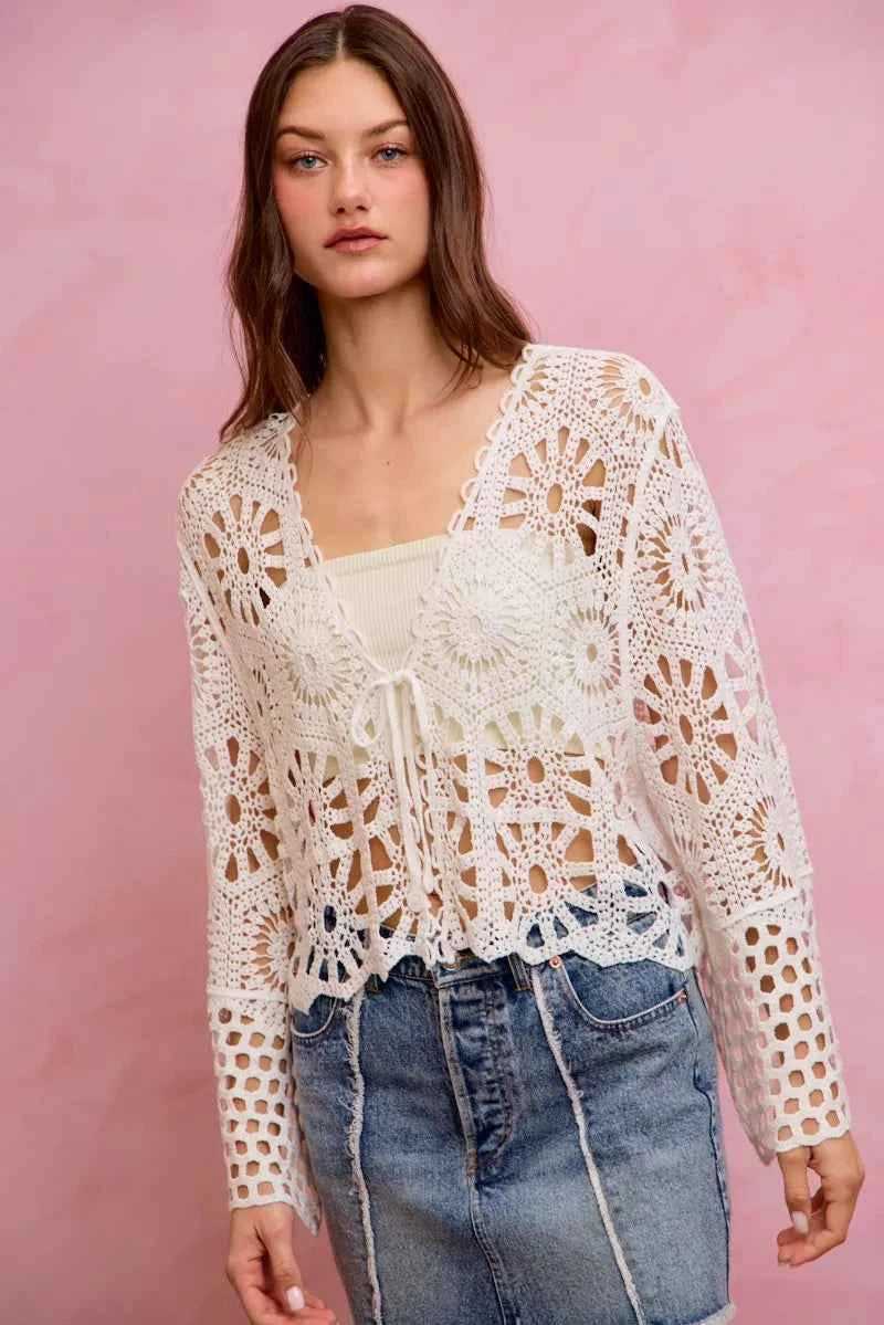 SO ME Floral Pattern Crochet Knit Tie Front Crop Cardigan