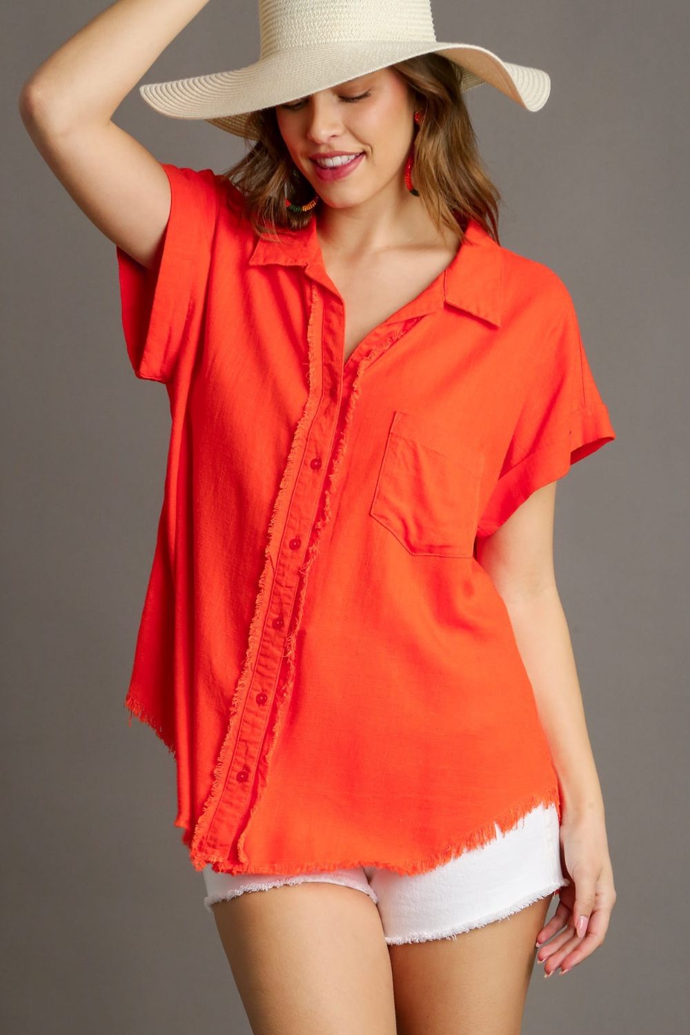 Umgee Shirt Linen Blend Orange Raw Hem Short Folded Sleeve Orange 88337dfe-f854-459e-8a4f-6e08d05176c9-Max Trendsi