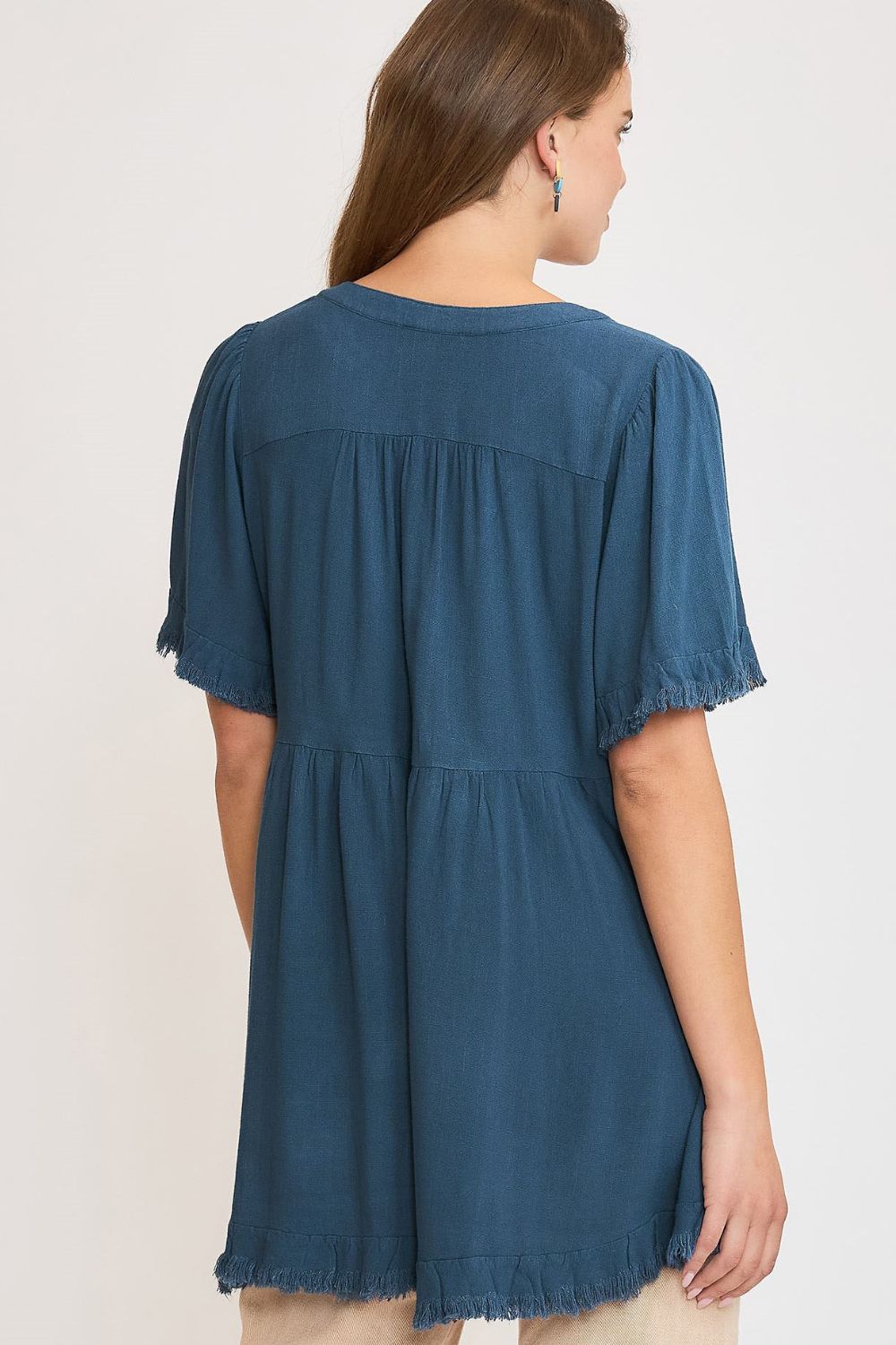 Umgee Linen Blouse Babydoll French Blue Raw Hem Notched Top 88345312-321d-4ac7-bdf0-0f3c21edd5ad-Max Trendsi