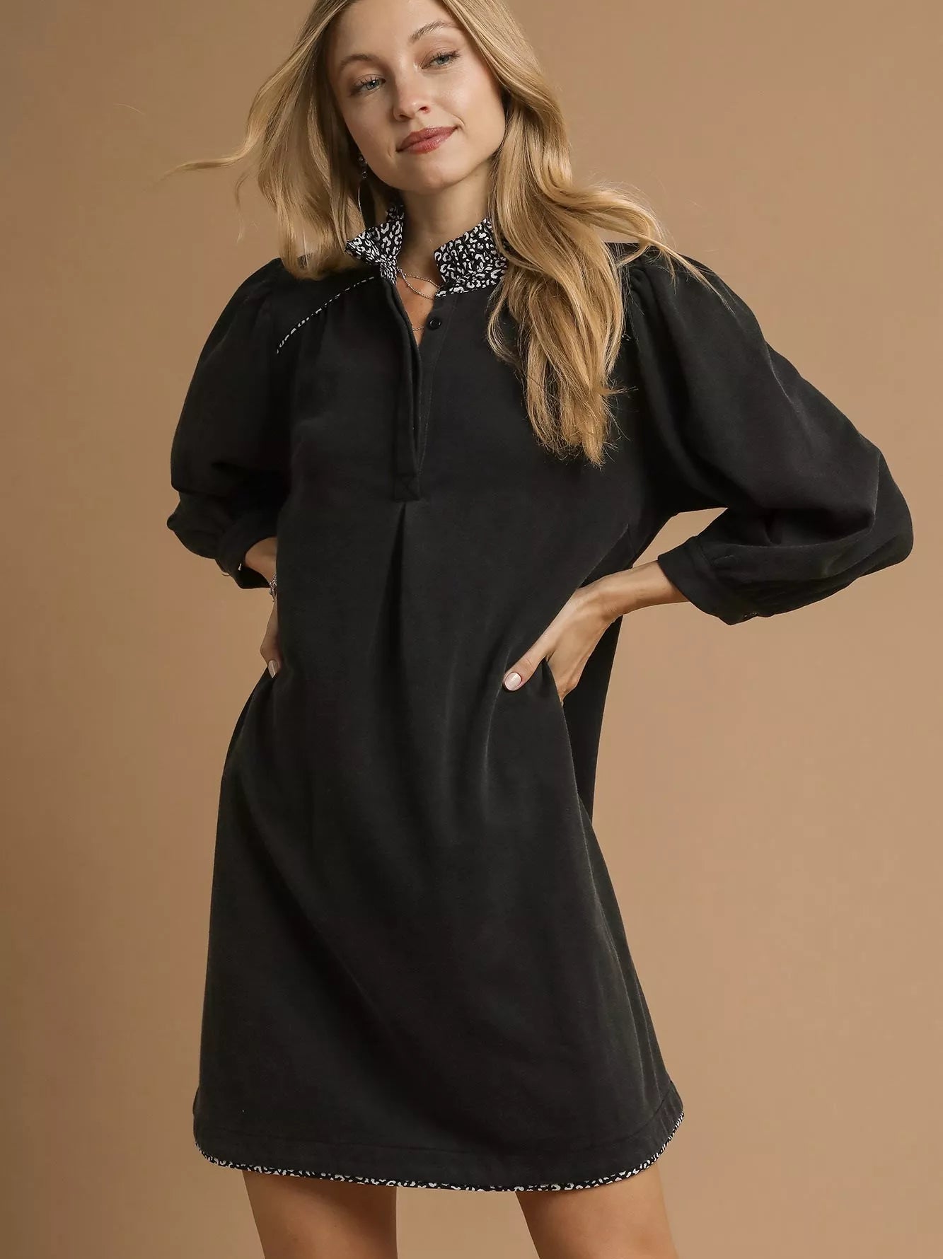 Umgee Shift Mini Dress Black French Terry Balloon Sleeve with Leopard Print Black 88364423-b1cd-4710-a12c-4ea653e11f3a-Max-Origin Trendsi