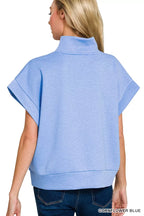 Zenana Womens Blouse Scuba Blue High Neck Half Zip Short Sleeve Top 883f789b15a342f9ab8d2261d970f961-Max-Origin Trendsi