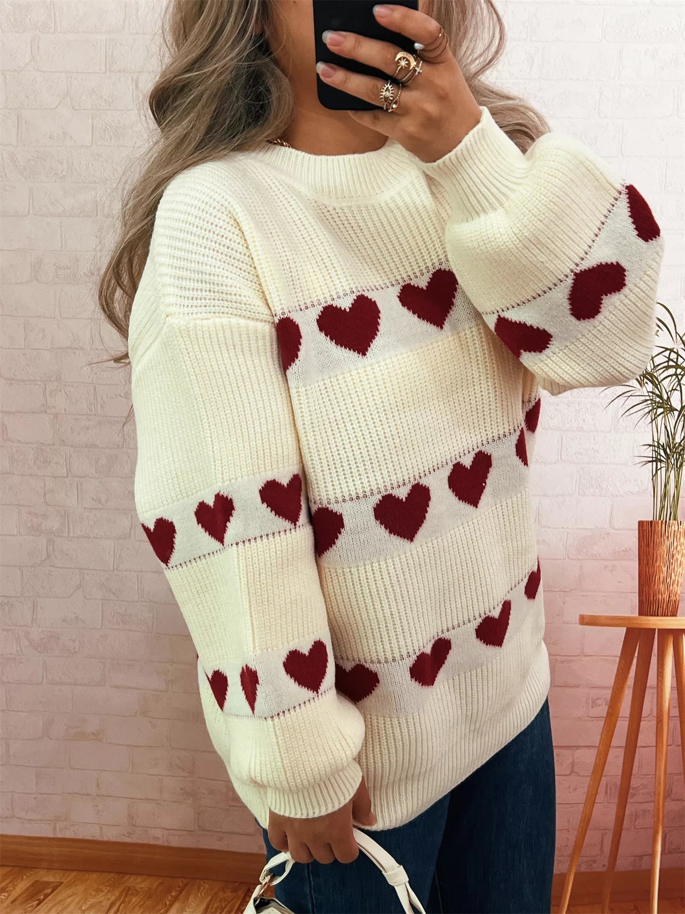 Women's Sweater Heart Pattern Dropped Shoulder Long Sleeve Puulover 884923eeaf6048ba89bf722f207e692d-Max-Origin Trendsi