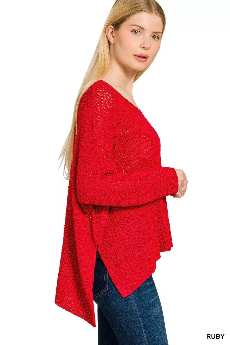 Zenana Womens Sweater Red Oversized Dolman Long Sleeve V-Neck Pullover 8849617a8c0a407896944d307372b241-Max-Origin Trendsi