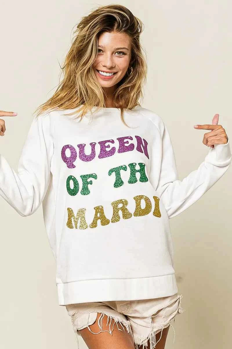 BiBi Women’s Mardi Gras Glitter Print Sweatshirt Queen of Mardi Casual Top