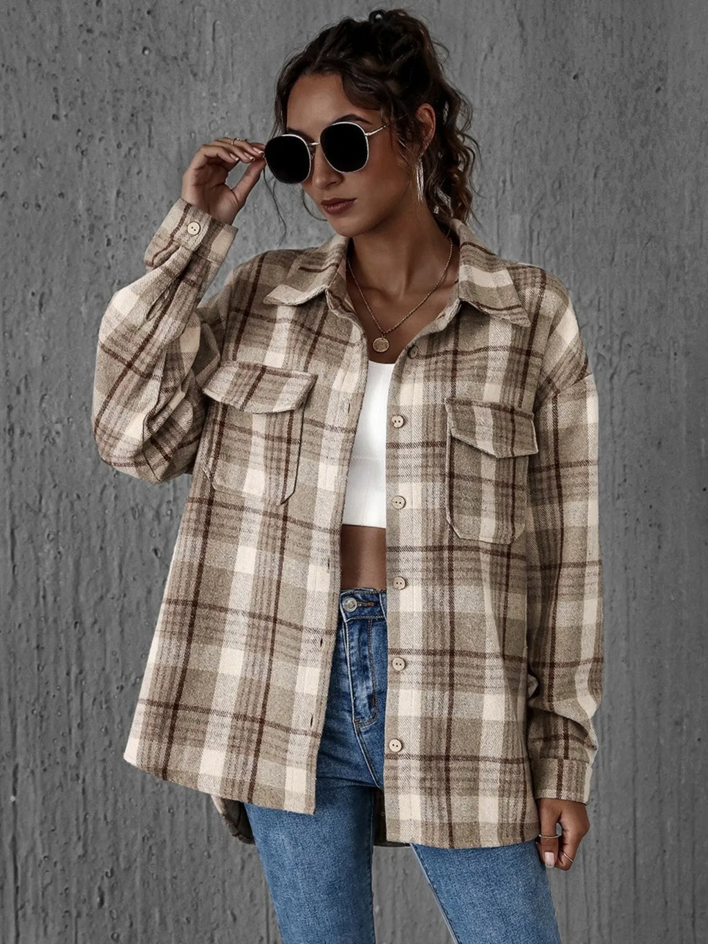 Women's Plaid Shirt Button-Up Long Sleeve Oversized Pocketed Top 8857435d-743d-4565-ad65-669280f4153e-Max-Origin Trendsi